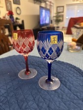 Pair of Japanese Edo Kiriko Cut Glass Wine Glasses in Red and Blue picture