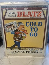 X-RARE 1950s-60s 14” X 17”BLATZ BEER KEG/MAN/HEAVY EMBOSSED CARDBOARD/FOIL SIGN picture