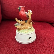 Vintage Porcelain Schmid Cardinal Bird Music Box With Pink Flowers picture