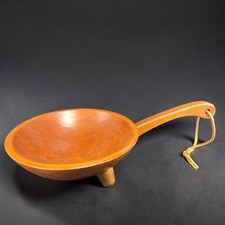 Munising Vintage Wood Footed Dough Bowl Handle Leather Strap 13.5 Inch Brown picture