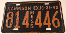 1943 Mississippi License Plate 814 446 Harrison County WWII Year DOUBLE STAMPED picture