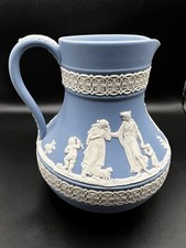 1979 Wedgwood Blue Jasperware Pitcher Jug White Relief England 5” Vintage picture