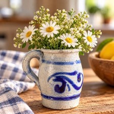 Vintage Studio Pottery Mini Mug Pitcher Cobalt Blue Gray Handmade Stoneware + picture