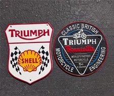 2 CAST IRON TRIUMPH MOTORCYCLE SIGNS CLASSIC BRITISH & SHELL picture