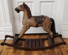 Vintage Solid Wood Carved Rocking Horse Folk Art Bow Rocker Glass Eyes Saddle picture