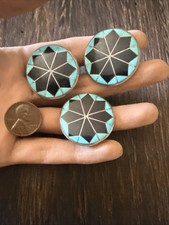 Vtg Zuni Turquoise Mosaic Inlay Sterling Silver Pin & Clip Earrings Singed D.C picture