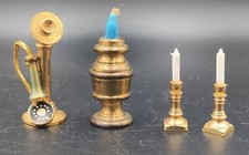 Vintage Brass Dollhouse Candlesticks Miniature + Old Fashioned Phone 4pc lot picture