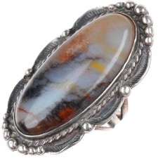 sz7 large c1940's Navajo petrified wood stamped sterling silver ring picture