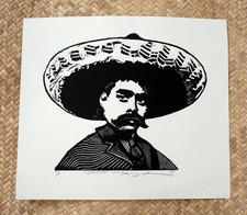 Emiliano Zapata Woodcut Print Handmade & Printed Not Framed Mexican Folk Art Lg picture