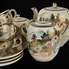 Antique Japanese Satsuma Tea Set Hand-Painted Traditional Taisho Period 9 pieces picture