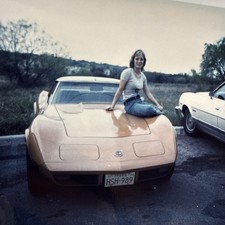 Vintage 1970’s Polaroid Of Pretty Blonde On Hood Of Corvette  picture