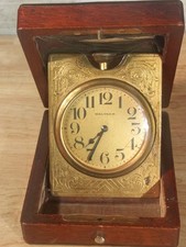 Antique Waltham 8 Day Travel Clock Engraved Brass Mechanical Watch Boxed (Read) picture