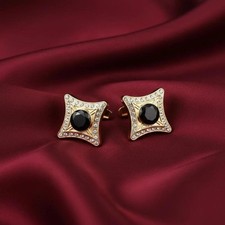 Round Black Onyx & Diamond Halo Wedding Cufflinks In 14K Yellow Gold Plated Men' picture