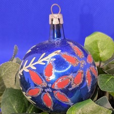 Vintage Christmas Ornament Blue Metallic Poinsettia Small From Poland picture