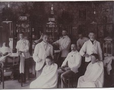 Wonderful Large 1890s Photo of European Barber Shop w/ Teenage Apprentices  picture