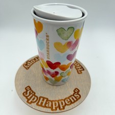Starbucks Travel Tumbler 2015 Watercolor Hearts Ceramic Mug Cup 10 oz Lid Dot picture