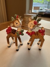 Vintage Lefton Ceramic Christmas Holly Winking Reindeer Set picture