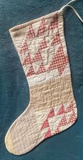 FABULOUS ANTIQUE VINTAGE CUTTER QUILT CHRISTMAS STOCKING RED WHITE TAN 26-31 picture