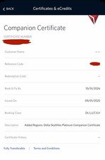 Delta Airlines Companion Certificate - Fully Transferable Valid til 10/31/2026 picture