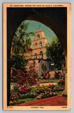 Postcard CA San Diego Mission San Diego de Alcala Courtyard Linen Flowers J141 picture