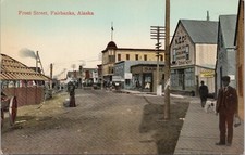 Lithograph -- Fairbanks Alaska Busy Street Scene on Front Street early 1900s picture