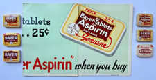 SIX Vintage Bayer Aspirin TINS w/Partial ORIGINAL STORE DISPLAY SIGN advertising picture