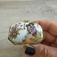 Vintage Asian Porcelain Trinket Box Hand Painted Miniature Pill Box Gold Trim picture