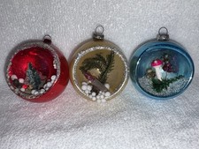 VINTAGE MERCURY GLASS DIORAMA INDENT JAPAN CHRISTMAS ORNAMENTS SET OF 3 picture