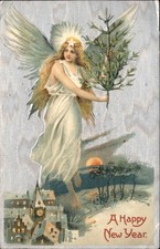 New Year's Angel with Evergreen Branch Winter Scene c1910s-20s Vintage Postcard picture