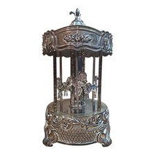 Vintage Silver Tone Carousel Music Box Ornate Floral Horse Merry Go Round picture