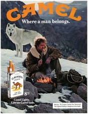 1982 PRINT AD, Camel Lights Where Man Belongs Adventure Fire Wolf Snow Smoking picture