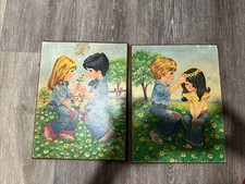 Pair Vintage 1970s W.M. Otto Plaques Flower Power Hippie Kids Denim Daisy G &B picture
