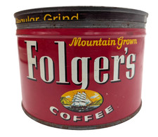 Vtg 1959 Folgers Coffee Can 1 LB Tin Mountain Grown Regular Grind Kansas City picture