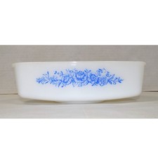 Vintage Federal Milk Glass Loaf Dish 60s MCM Blue Roses 9.5X5In Made USA picture