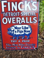 VINTAGE FINCK'S OVERALLS PORCELAIN SIGN PIG FARM FINKS LEVIS LEE DETROIT GAS OIL picture