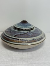 Vintage Hand Thrown Pottery Oil Lamp Burner Signed Blue Brown Drip Glaze picture