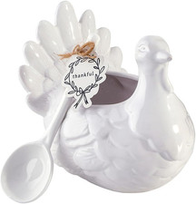 Turkey Gravy Boat with Spoon - Glazed Ceramic Thanksgiving Serving Dish, 7.5