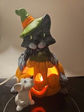 Vintage Ceramic Black Cat With Pumpkin & Mouse Lighted Halloween decor Lamp picture