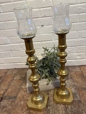 Beatiful Pair Of 16” Vintage MCM Brass Candlesticks W/ Votives Made In India picture