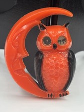 Vintage Halloween Winking Owl Crescent Moon Plastic Orange Black Brooch Pin picture