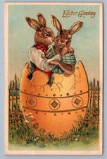 Dressed Romantic Rabbits in Big Egg~Vintage~Antique~Easter Fantasy Postcard~s742 picture