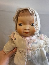 Vintage Style Ceramic Head Cloth Body Baby Doll Blue Eyes Bonnet 20