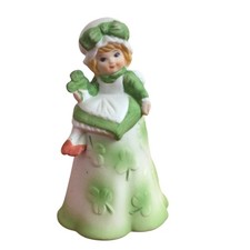Vintage Porcelain Bisque Irish Girl Bell Shamrock Clover Figurine Taiwan 4.5” picture