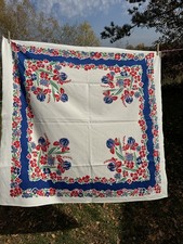 Vintage 1940S 50S Tablecloth White Blue Red Green Iris Floral approx. 46.5x48.5￼ picture