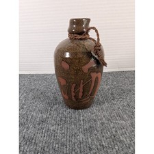 Vintage Japanese Ceramic Sake Bottle Tokkuri Brown Speckled Glaze Calligraphy picture