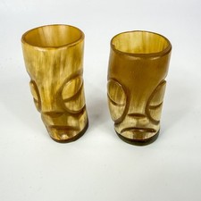 Vintage Carved Bovine Horn Shot Glasses Tiki Tribal Face Set Of 2 picture