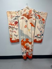 Authentic Kimono Orange Floral Geometric Belted Japanese Art Silk Textile Luxury picture
