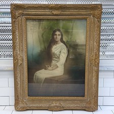Antique Hand-Colored Portrait Female in Ornate Gold Tone Frame c.1910s picture