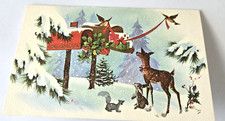 Vintage Christmas Card Deer Birds Squirrel Rabbit Mailboxes Gifts Winter Scene picture