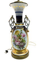 19th Cen French Old Paris Porcelain Lamp Hand Painted Floral Cobalt Gilt Antiqu picture